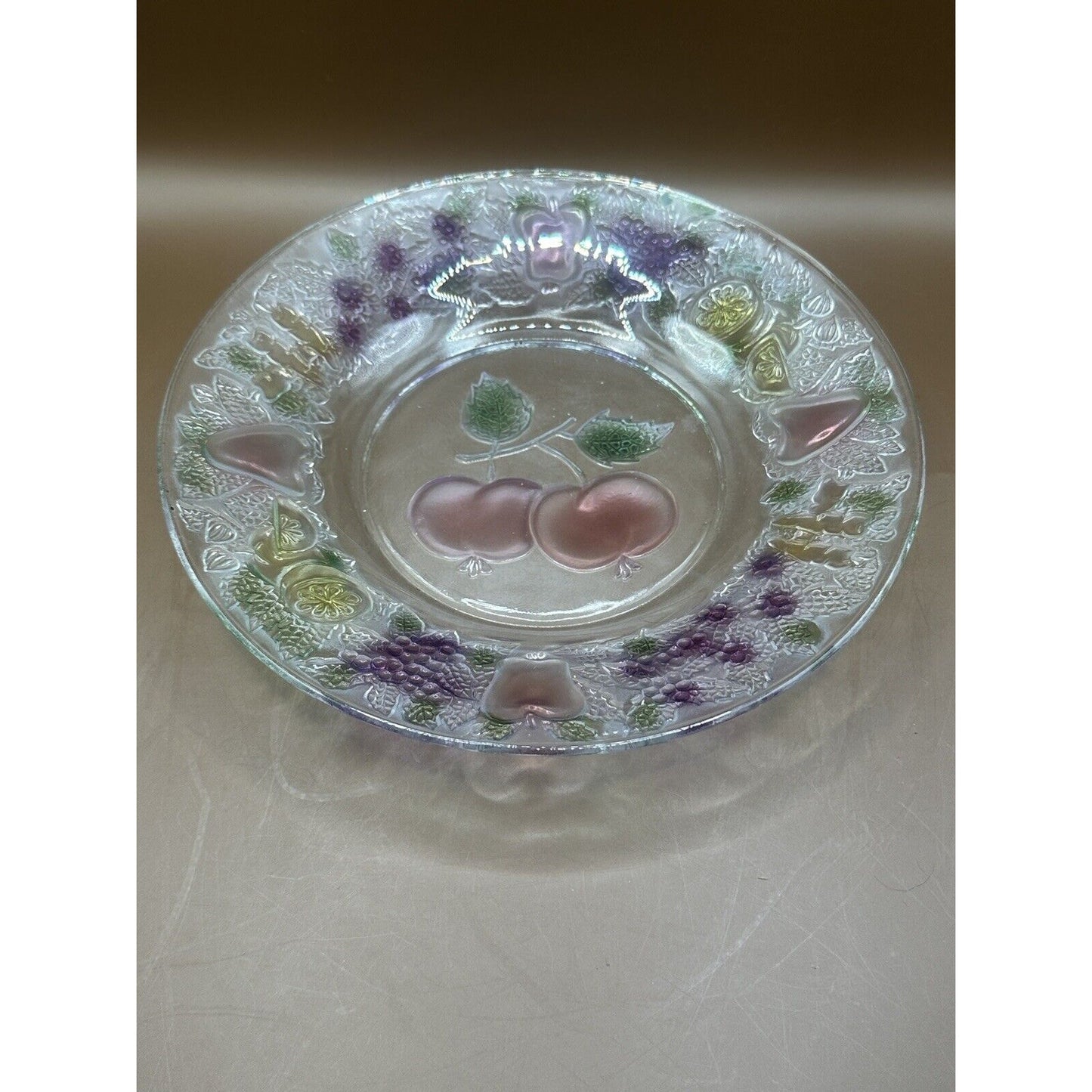 Clear Glass Plate W/ Stained Colored Glass Fruit And Divided Appetizer Tray