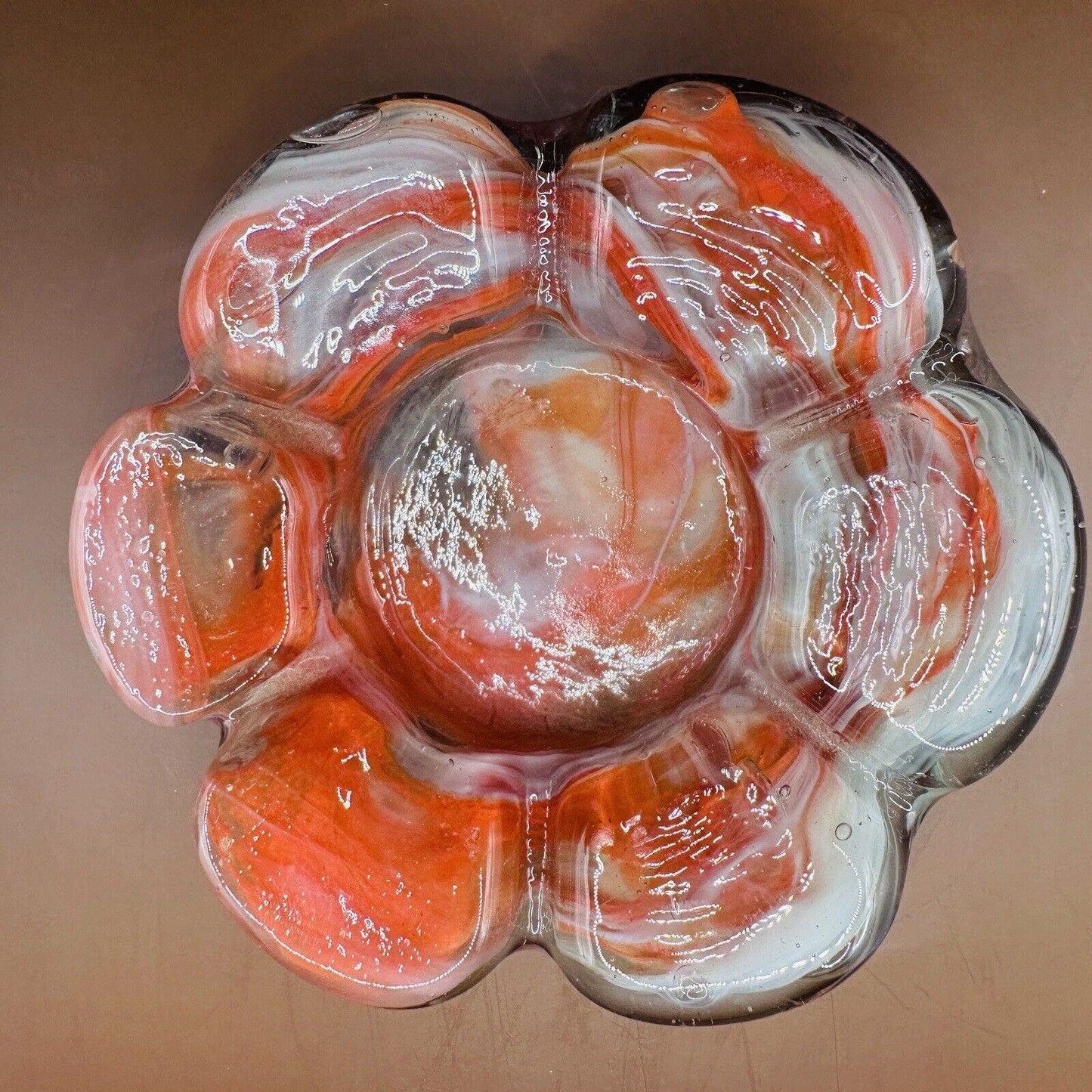 Vintage Glass Ashtray 5.25” Heavy Flower White Orange Swirl Mexico