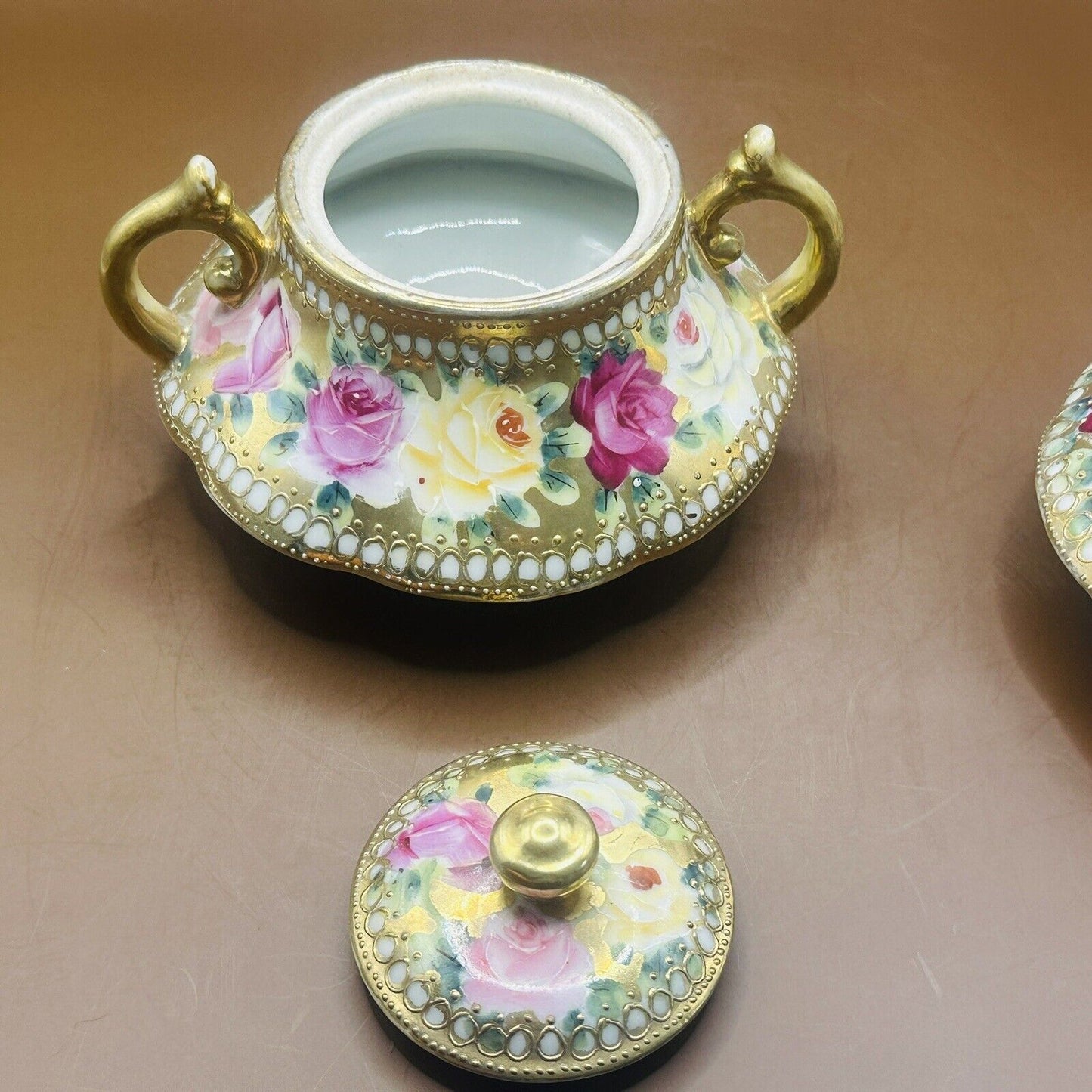 VintageRose Floral Porcelain Handpainted Green Pink AndGold Creamer & Sugar Bowl