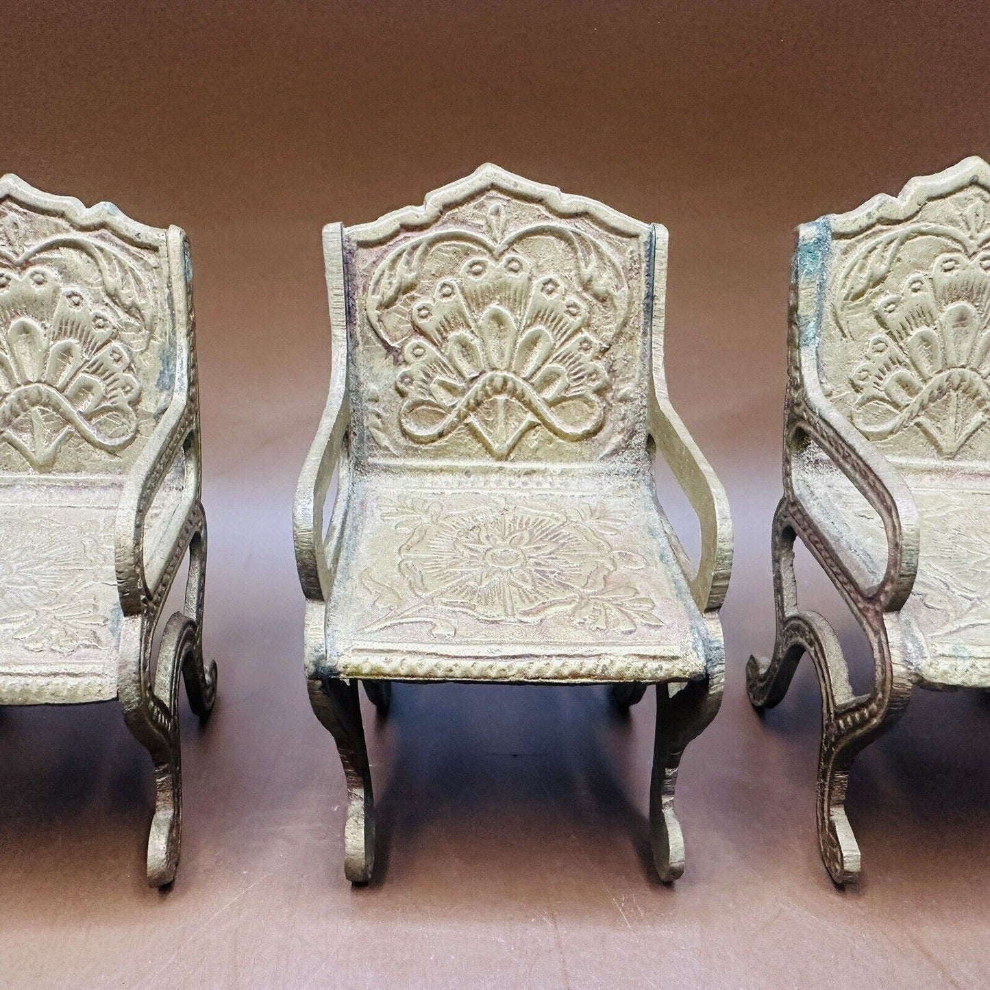 3~ Vintage BRASS Arm CHAIRS *Doll FURNITURE *Decorative Scroll Back