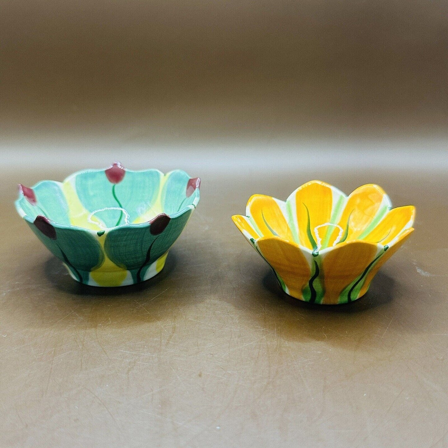 Handpainted Flower Trinket Dish Pottery Set Of 2 Signed