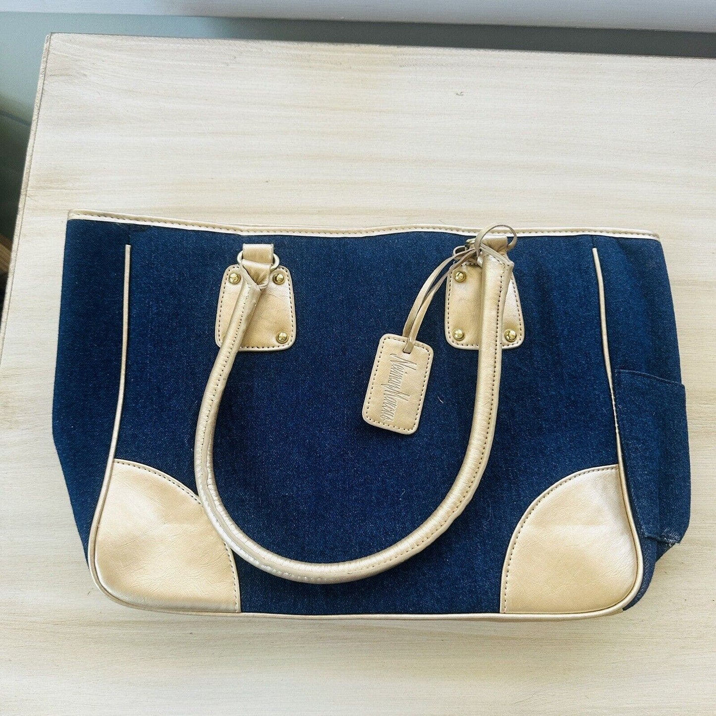 NEIMAN MARCUS Blue Denim Shoulder Tote Bag Gold Metallic Trim Strap