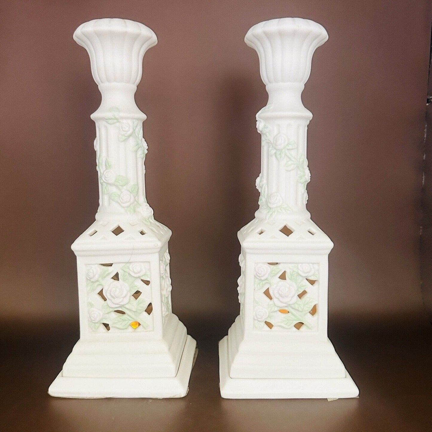 Porcelain Set of 2 Pillar Candle Holders Top Tapers Bottom for Votive/Tealight