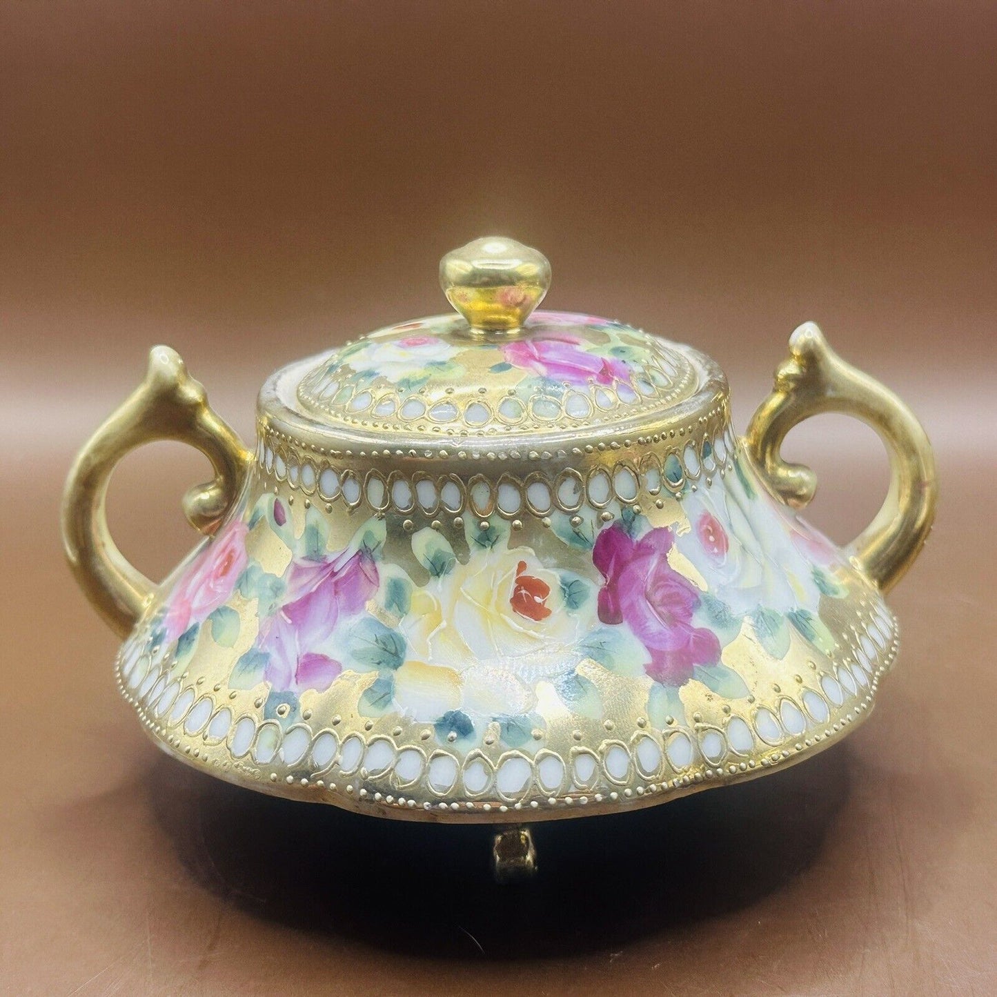 VintageRose Floral Porcelain Handpainted Green Pink AndGold Creamer & Sugar Bowl