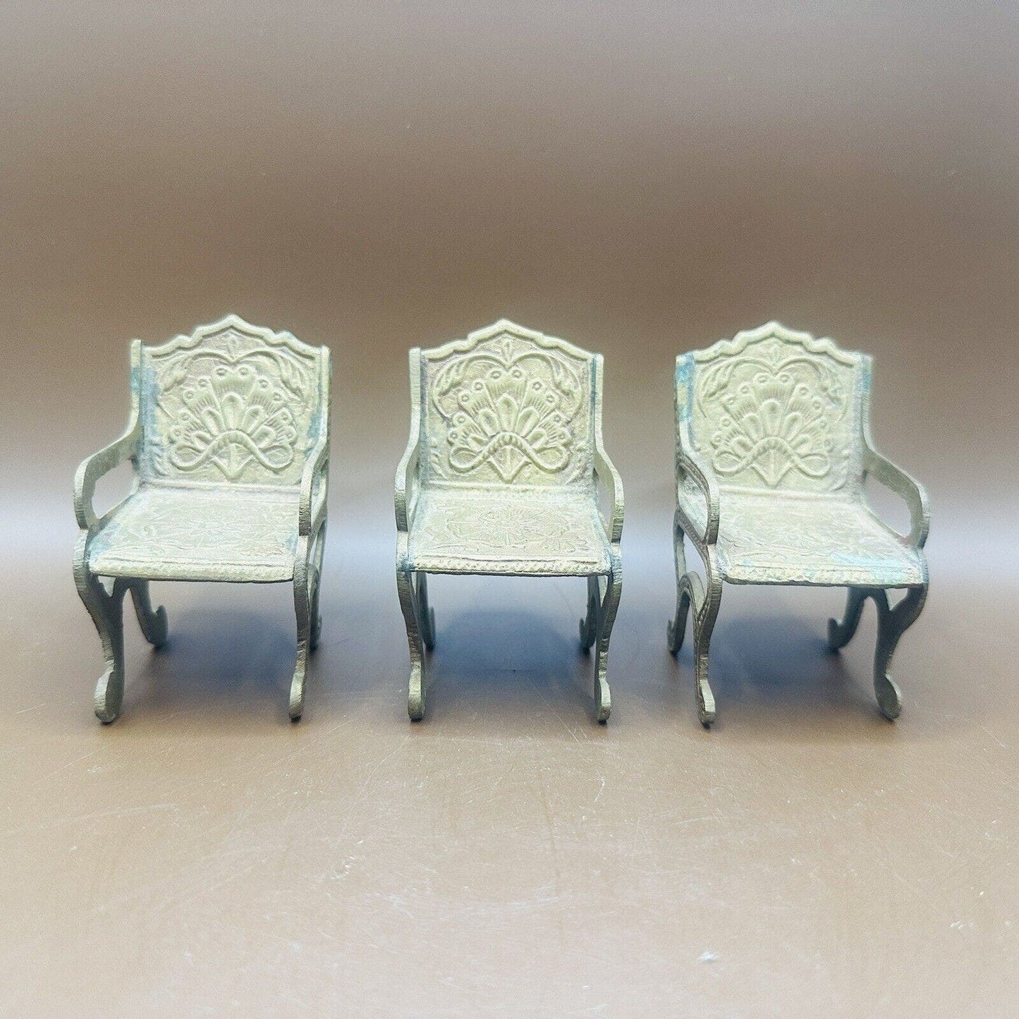 3~ Vintage BRASS Arm CHAIRS *Doll FURNITURE *Decorative Scroll Back