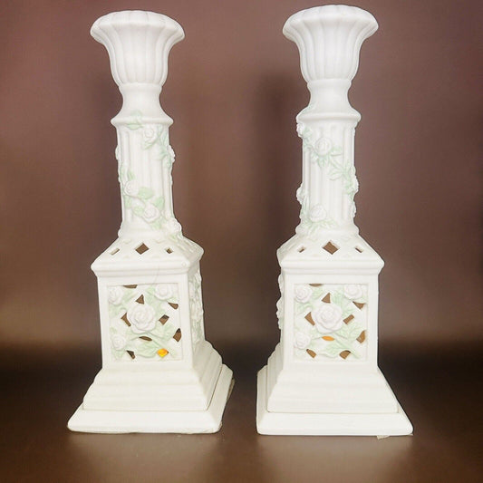 Porcelain Set of 2 Pillar Candle Holders Top Tapers Bottom for Votive/Tealight