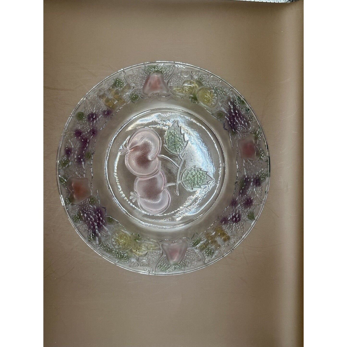 Clear Glass Plate W/ Stained Colored Glass Fruit And Divided Appetizer Tray