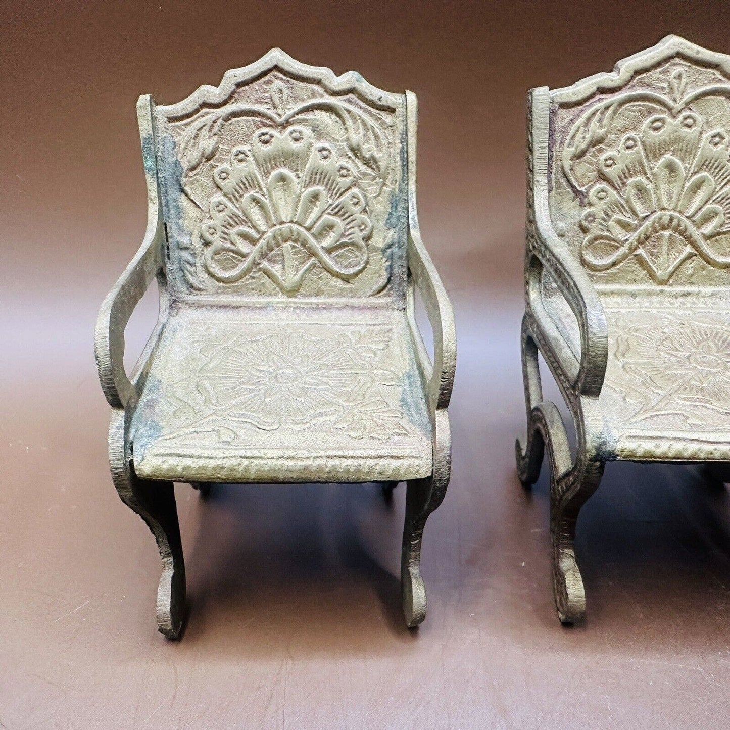 3~ Vintage BRASS Arm CHAIRS *Doll FURNITURE *Decorative Scroll Back