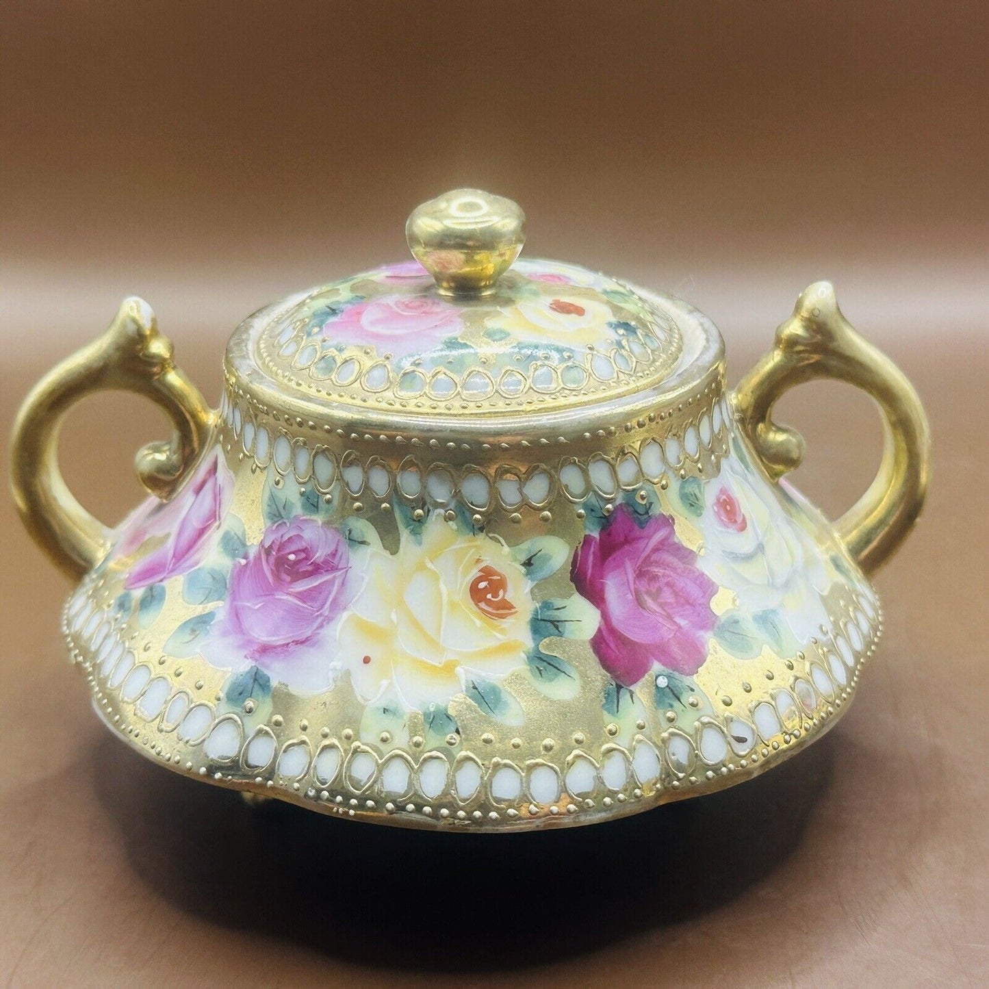 VintageRose Floral Porcelain Handpainted Green Pink AndGold Creamer & Sugar Bowl