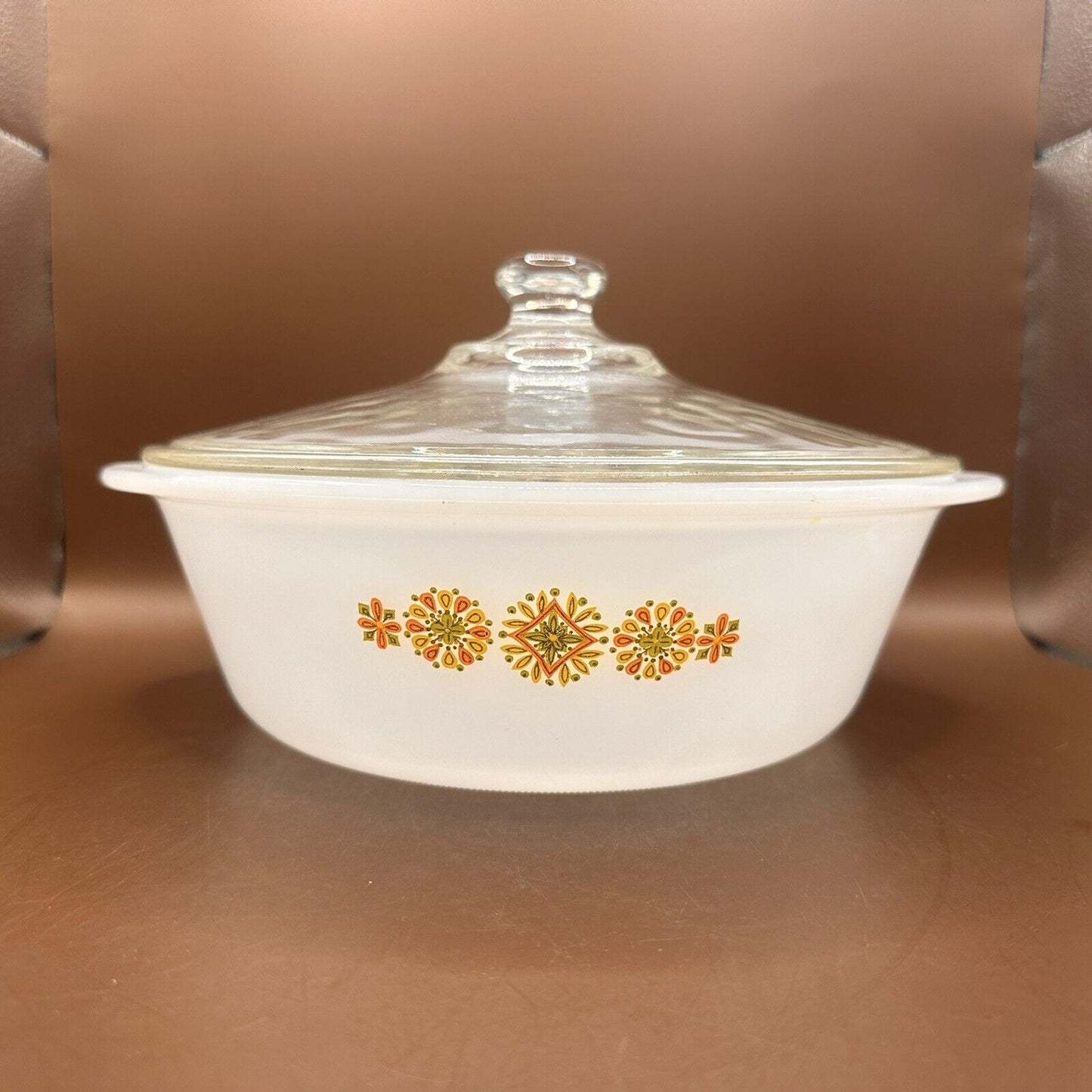 Vintag Pinwheel Casserole dish with lid Ovenware Orange Yellow Red Mid Century