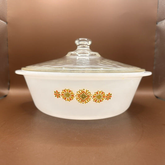 Vintag Pinwheel Casserole dish with lid Ovenware Orange Yellow Red Mid Century