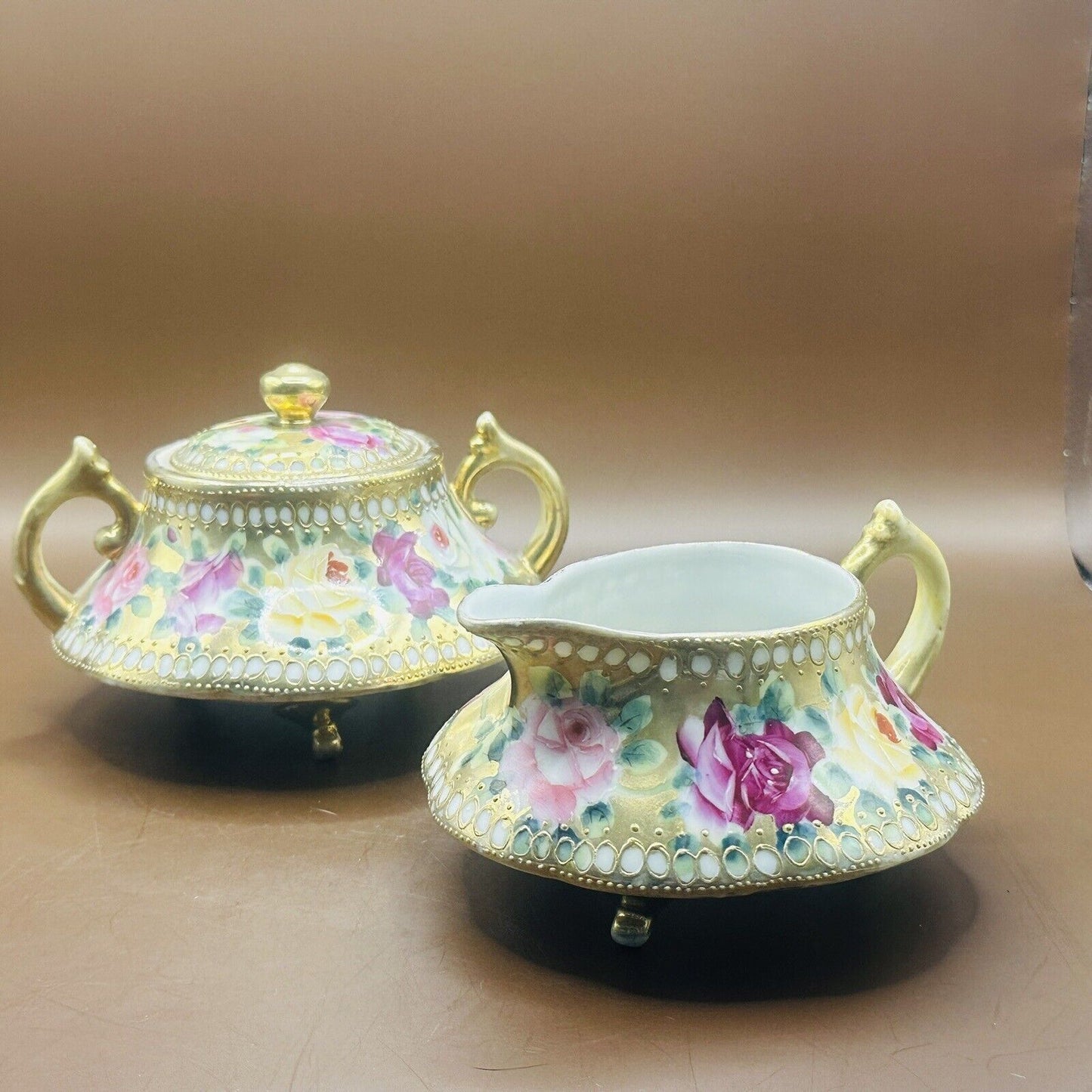 VintageRose Floral Porcelain Handpainted Green Pink AndGold Creamer & Sugar Bowl