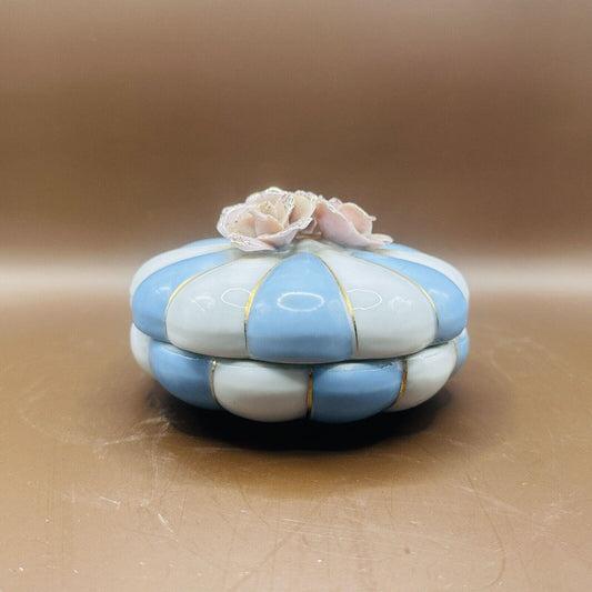 Vintage Pill Jewelry Box W Lid Pillow Tuffed Blue White Gold Trim Flowers China