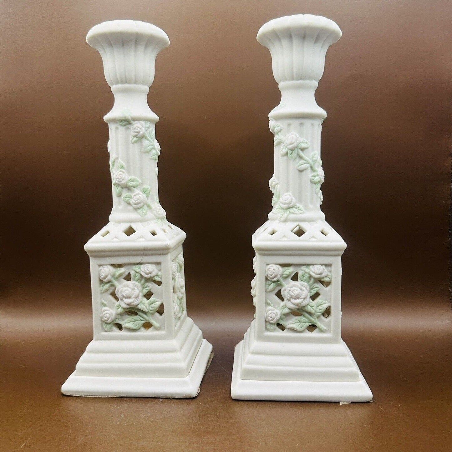 Porcelain Set of 2 Pillar Candle Holders Top Tapers Bottom for Votive/Tealight