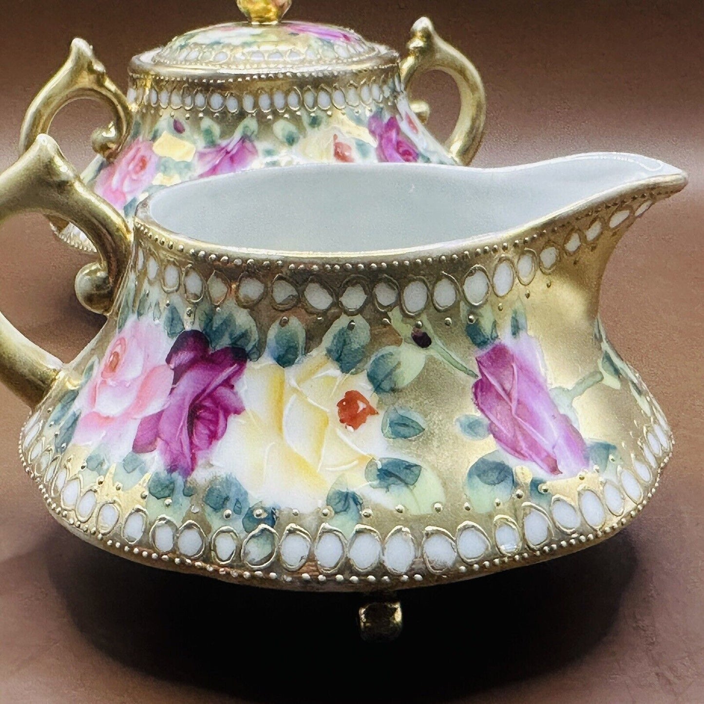 VintageRose Floral Porcelain Handpainted Green Pink AndGold Creamer & Sugar Bowl