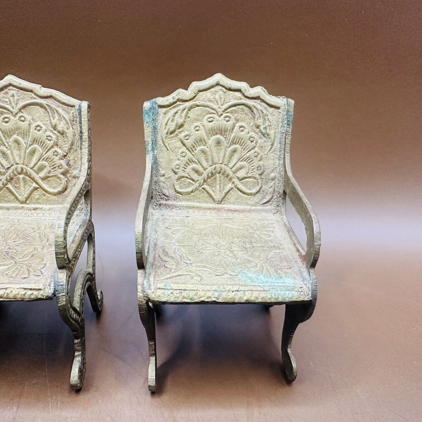 3~ Vintage BRASS Arm CHAIRS *Doll FURNITURE *Decorative Scroll Back