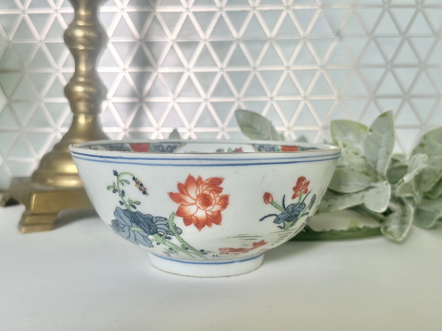 Decorative Asian bowl with Koi motif and gold rim