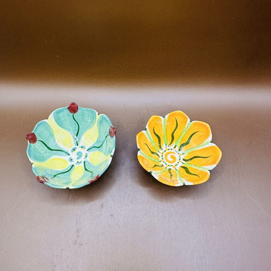 Handpainted Flower Trinket Dish Pottery Set Of 2 Signed