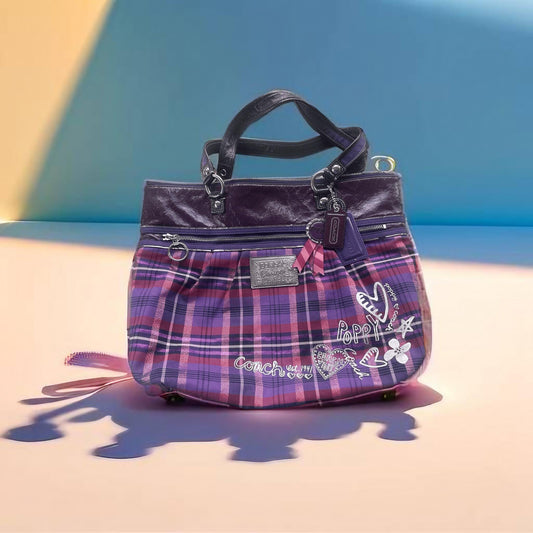 Coach Poppy Plaid Purple Pink Handbag Large gray condition