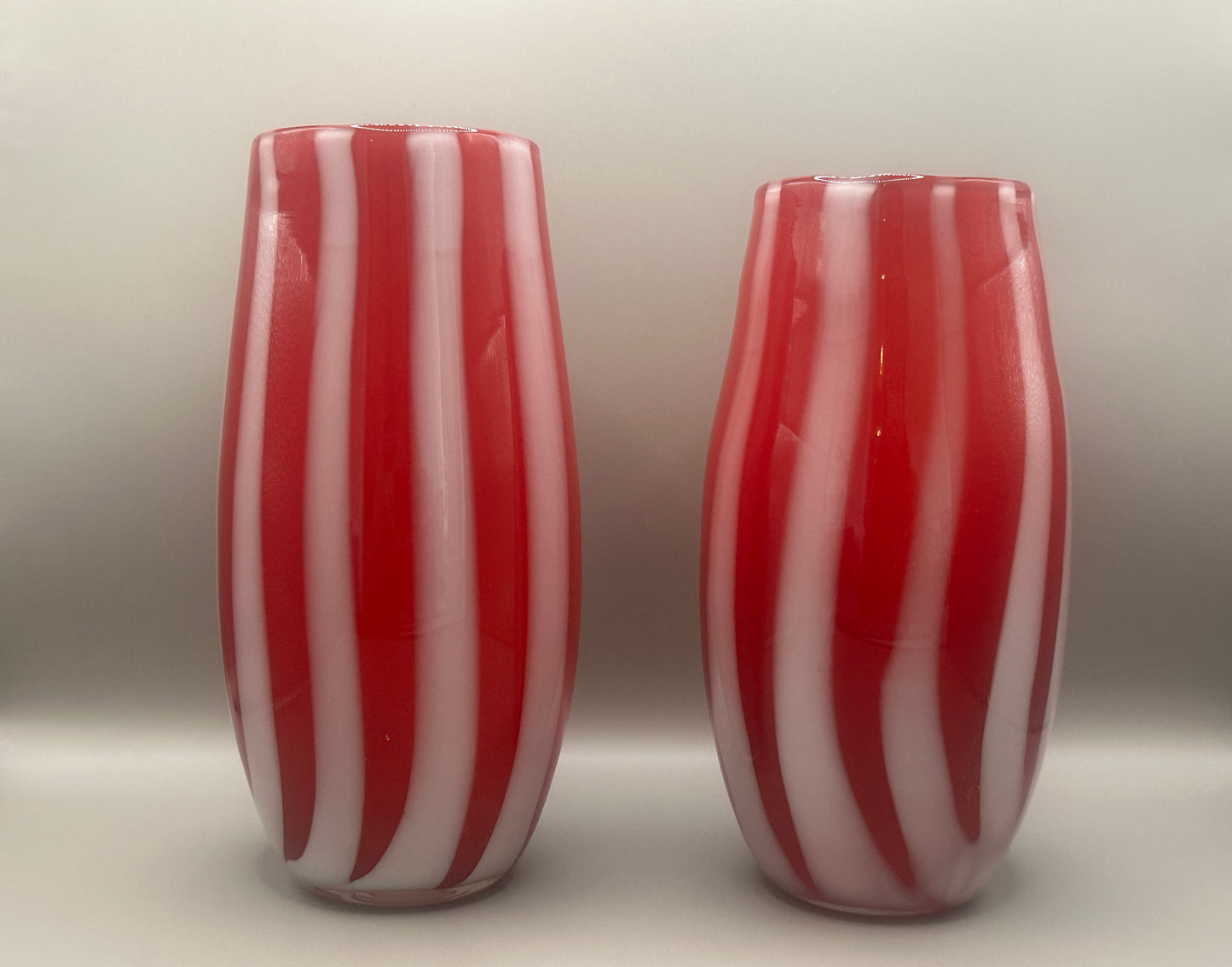 Hand blown red white peppermint twist vases