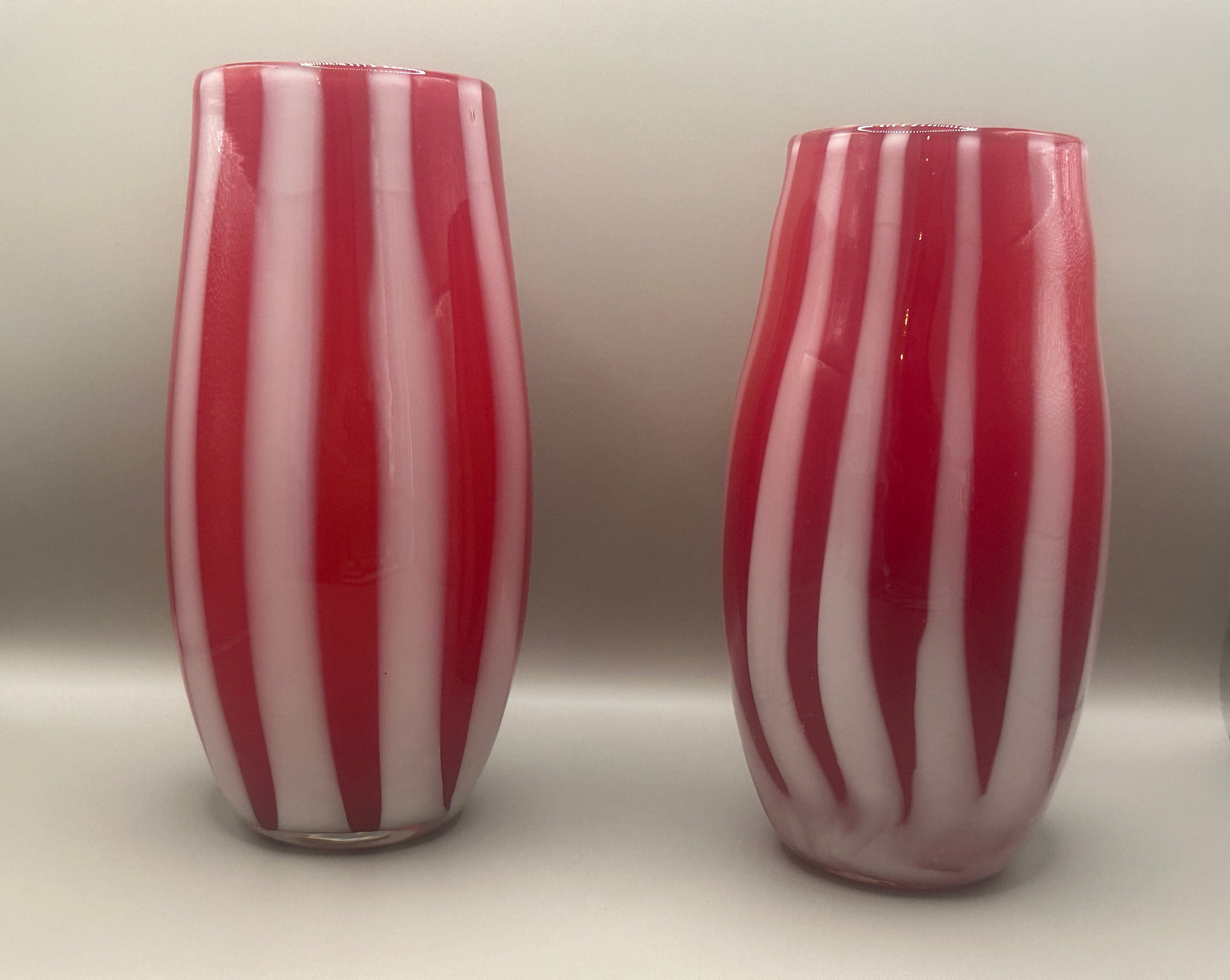 Hand blown red white peppermint twist vases