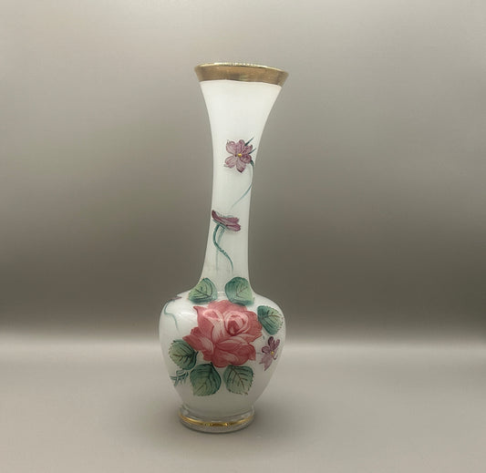 Hand painted white glass Japanese red face floral motif gold rim