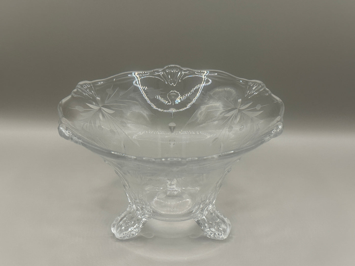 Footed glass bowl with etched design vintage