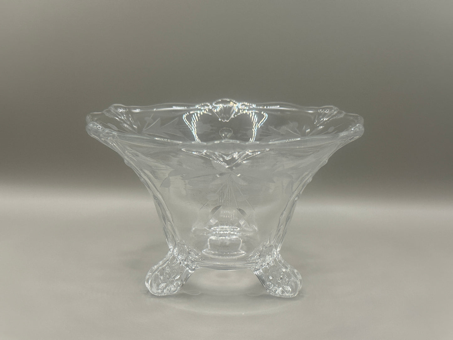 Footed glass bowl with etched design vintage