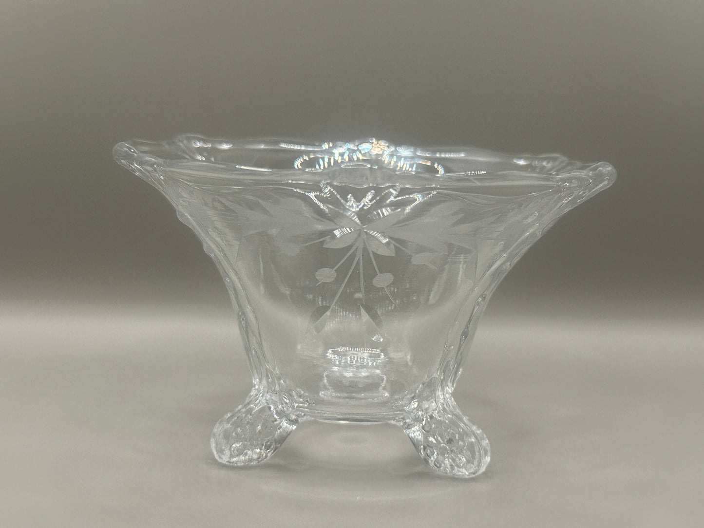 Footed glass bowl with etched design vintage