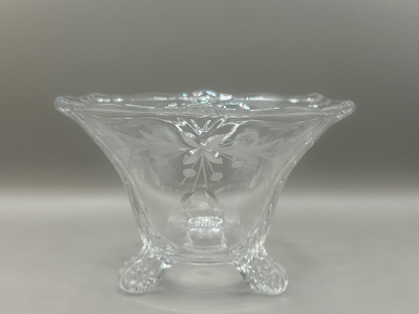 Footed glass bowl with etched design vintage