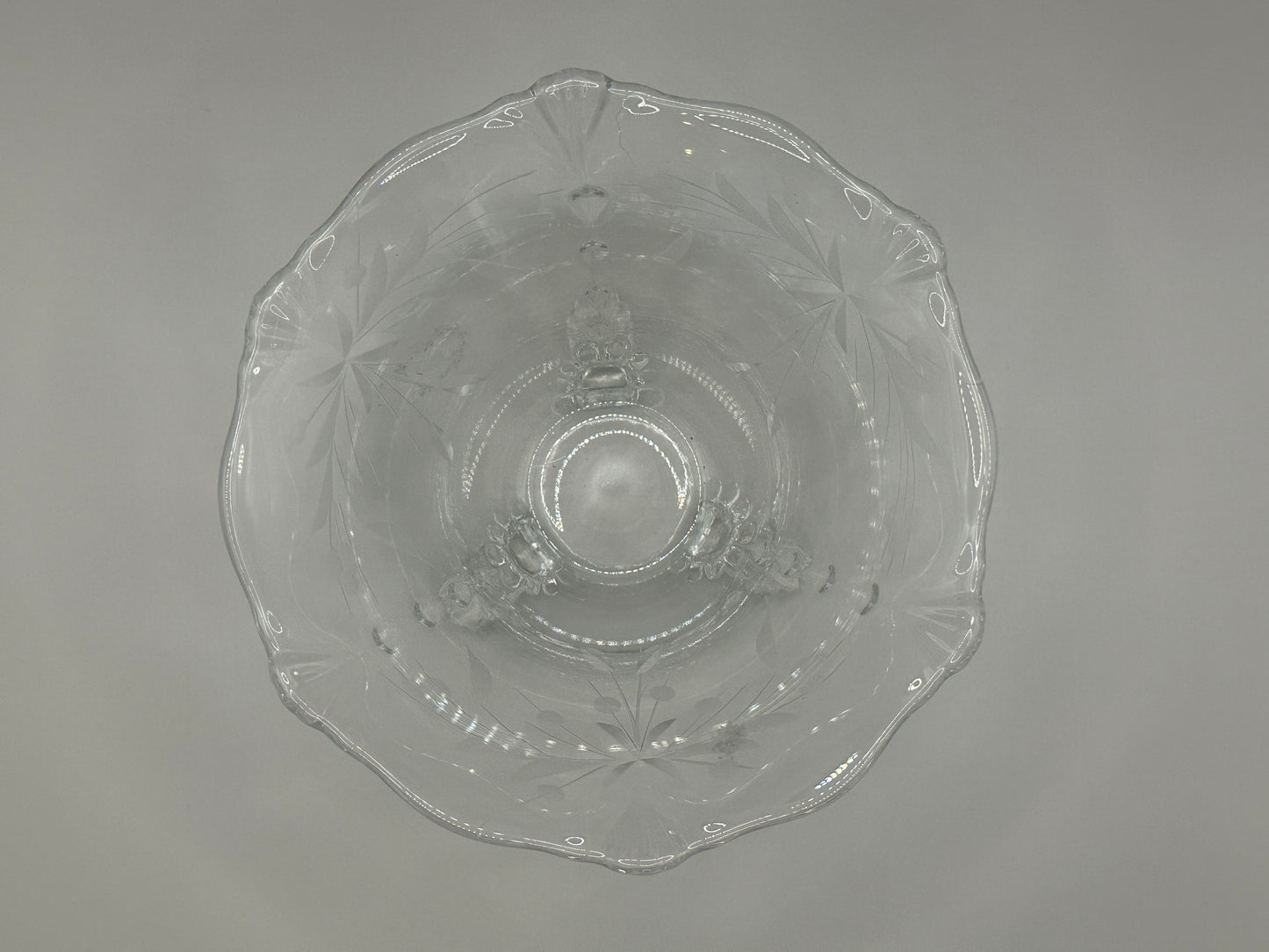 Footed glass bowl with etched design vintage