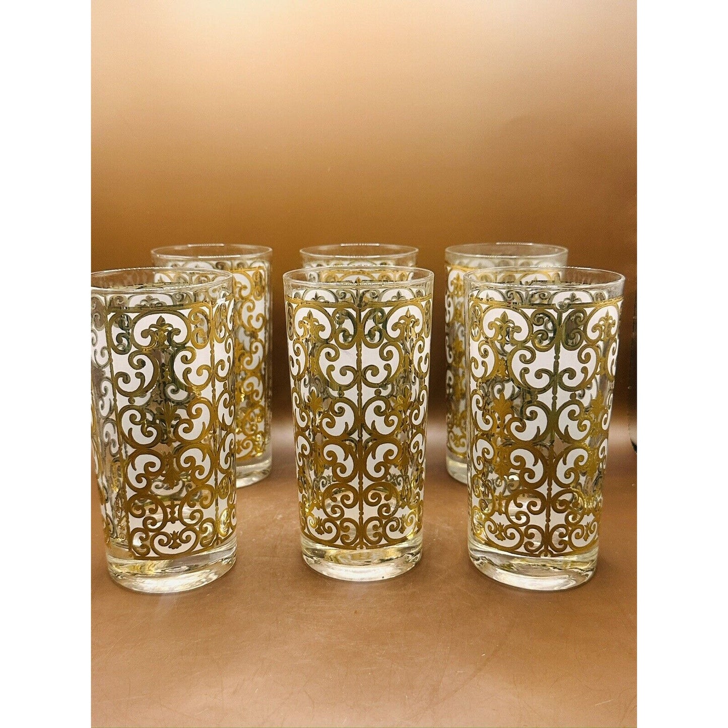 VTG SET OF 6 GEORGES BRIARD SPANISH GOLD HIGH BALL DRINK GLASSES MCM 22K BARWARE