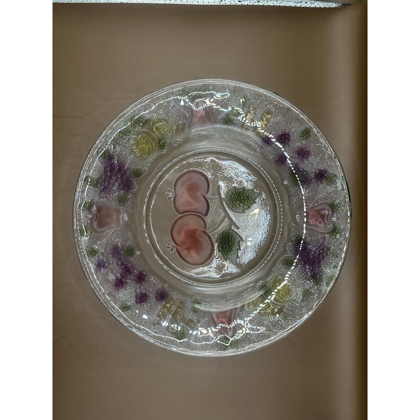 Clear Glass Plate W/ Stained Colored Glass Fruit And Divided Appetizer Tray