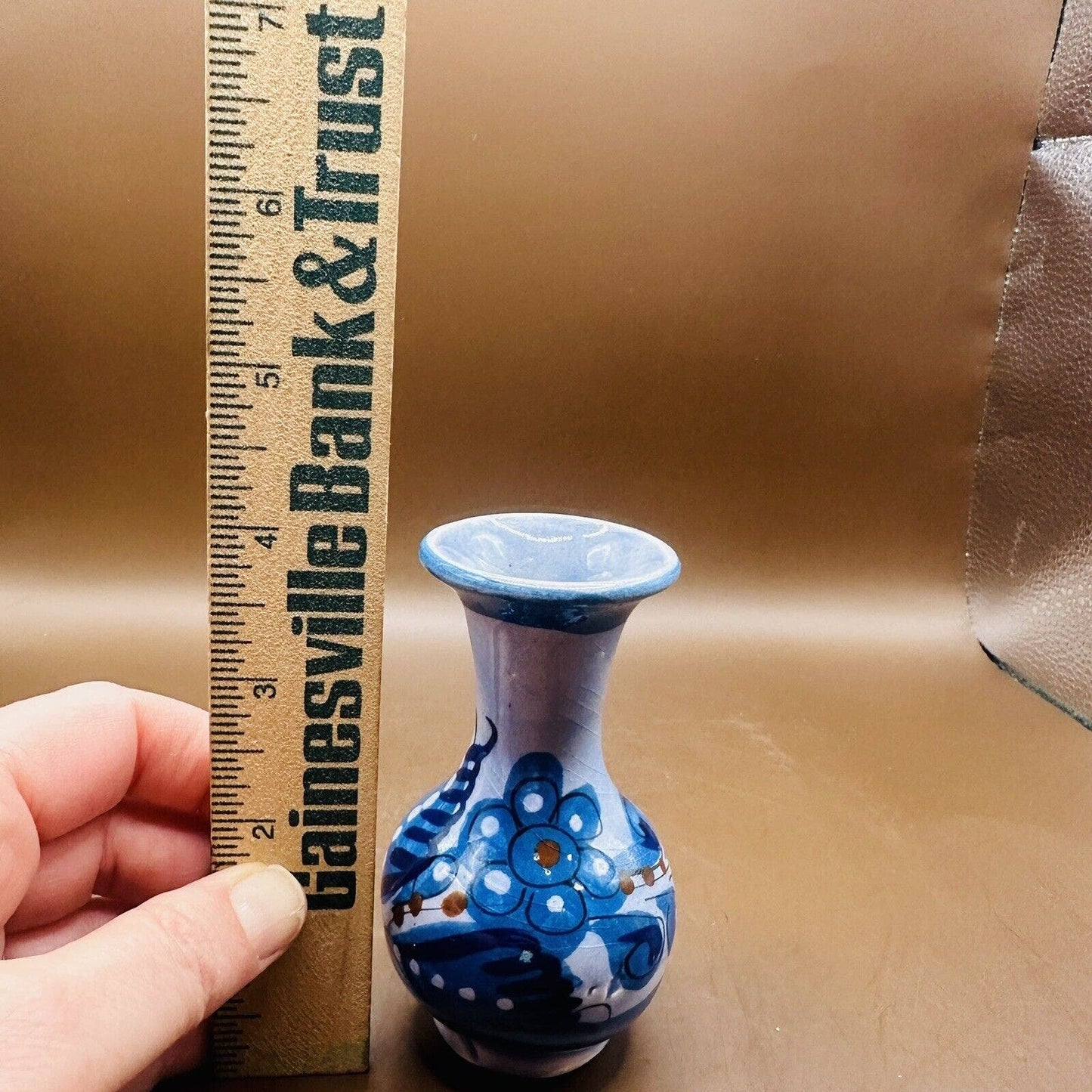 Hand Painted Small Bud Vase Clay Pottery Blue signed