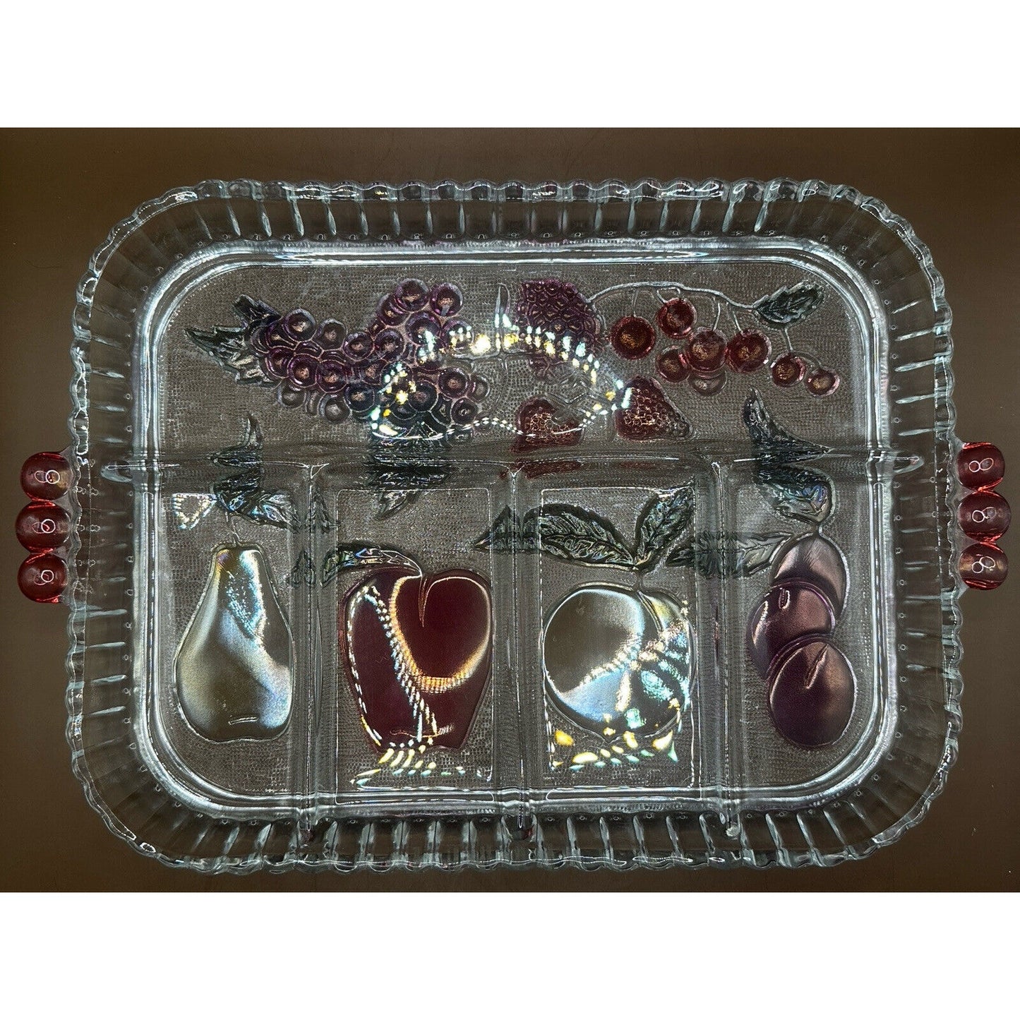 Clear Glass Plate W/ Stained Colored Glass Fruit And Divided Appetizer Tray