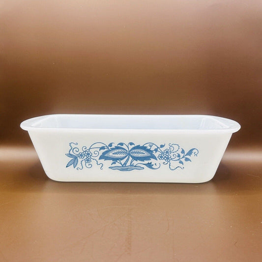 Vintage Milk Glass GLASBAKE Blue Onion Pattern 1.5 Qt Loaf Pan Baking Dish