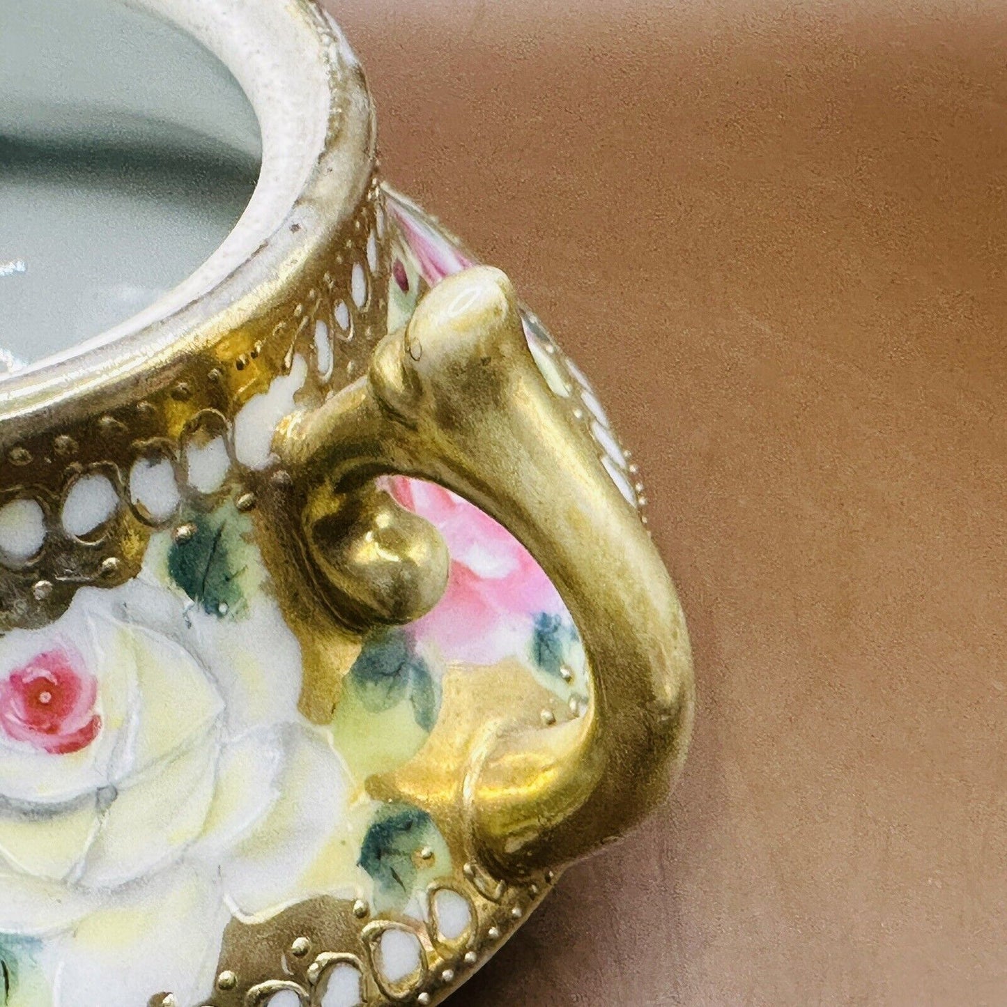 VintageRose Floral Porcelain Handpainted Green Pink AndGold Creamer & Sugar Bowl