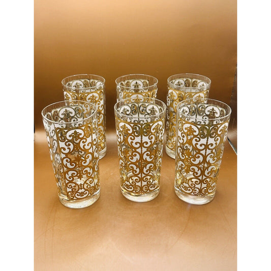 VTG SET OF 6 GEORGES BRIARD SPANISH GOLD HIGH BALL DRINK GLASSES MCM 22K BARWARE