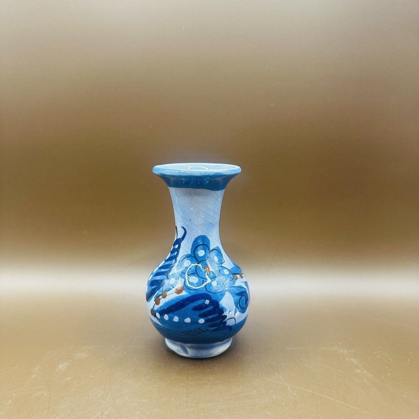 Hand Painted Small Bud Vase Clay Pottery Blue signed