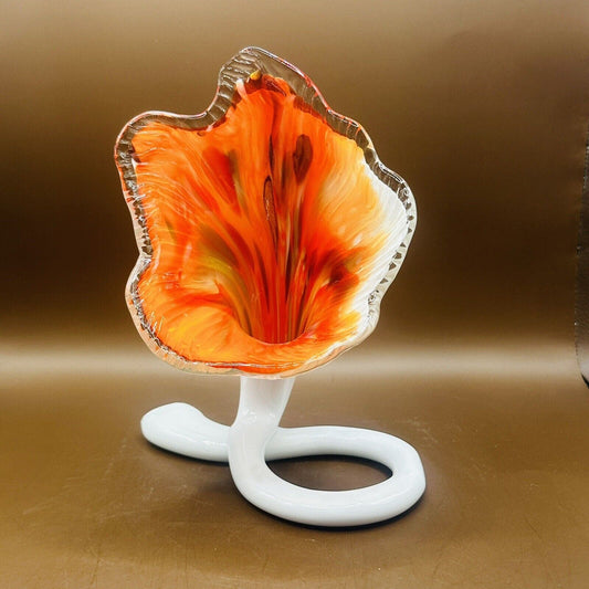 Vintage Vase Art Nouveau White Orange Hand Blown Art Glass Lily Spiral Base