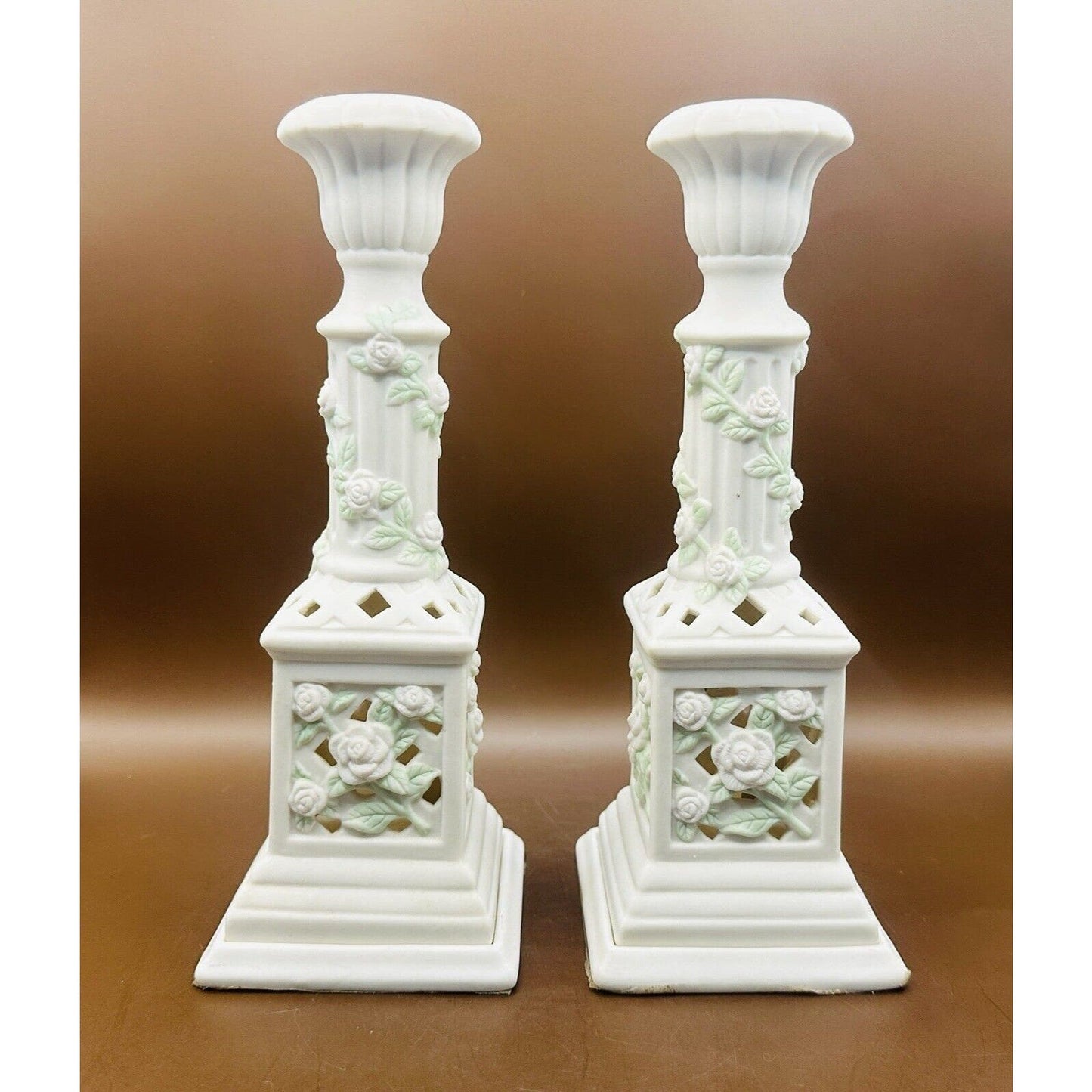 Porcelain Set of 2 Pillar Candle Holders Top Tapers Bottom for Votive/Tealight