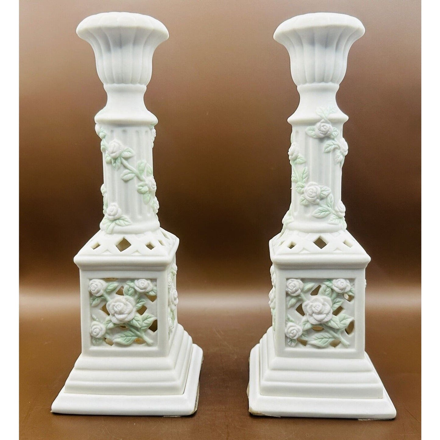 Porcelain Set of 2 Pillar Candle Holders Top Tapers Bottom for Votive/Tealight