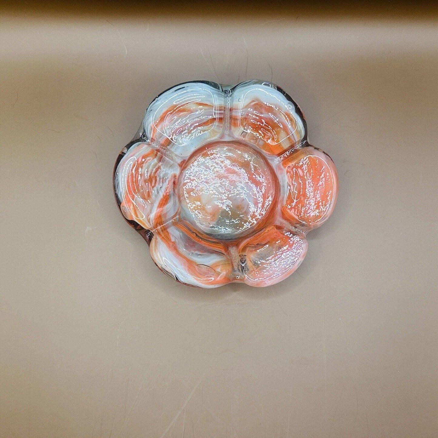 Vintage Glass Ashtray 5.25” Heavy Flower White Orange Swirl Mexico