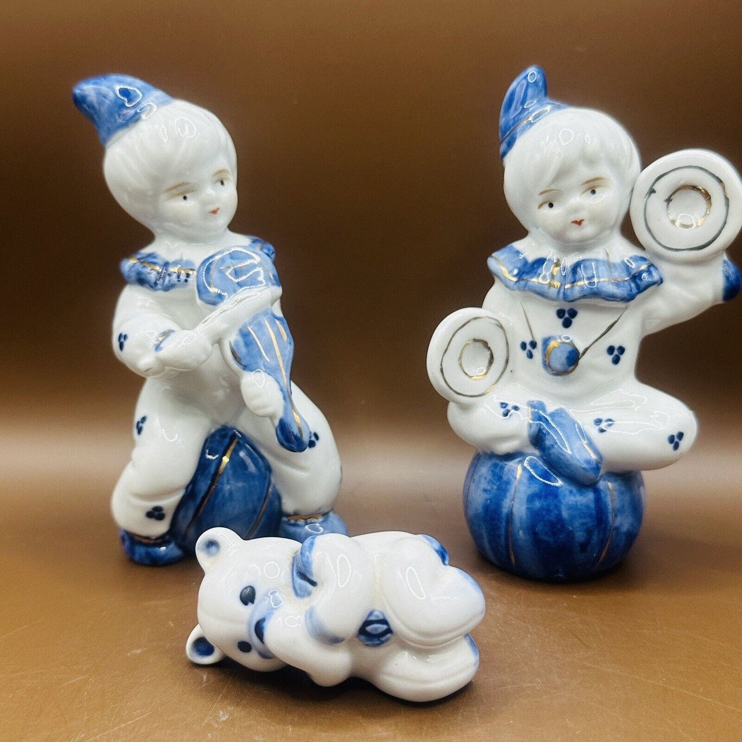 Vintage Blue And White Circus Figurines Clown Bear Children Porcelain