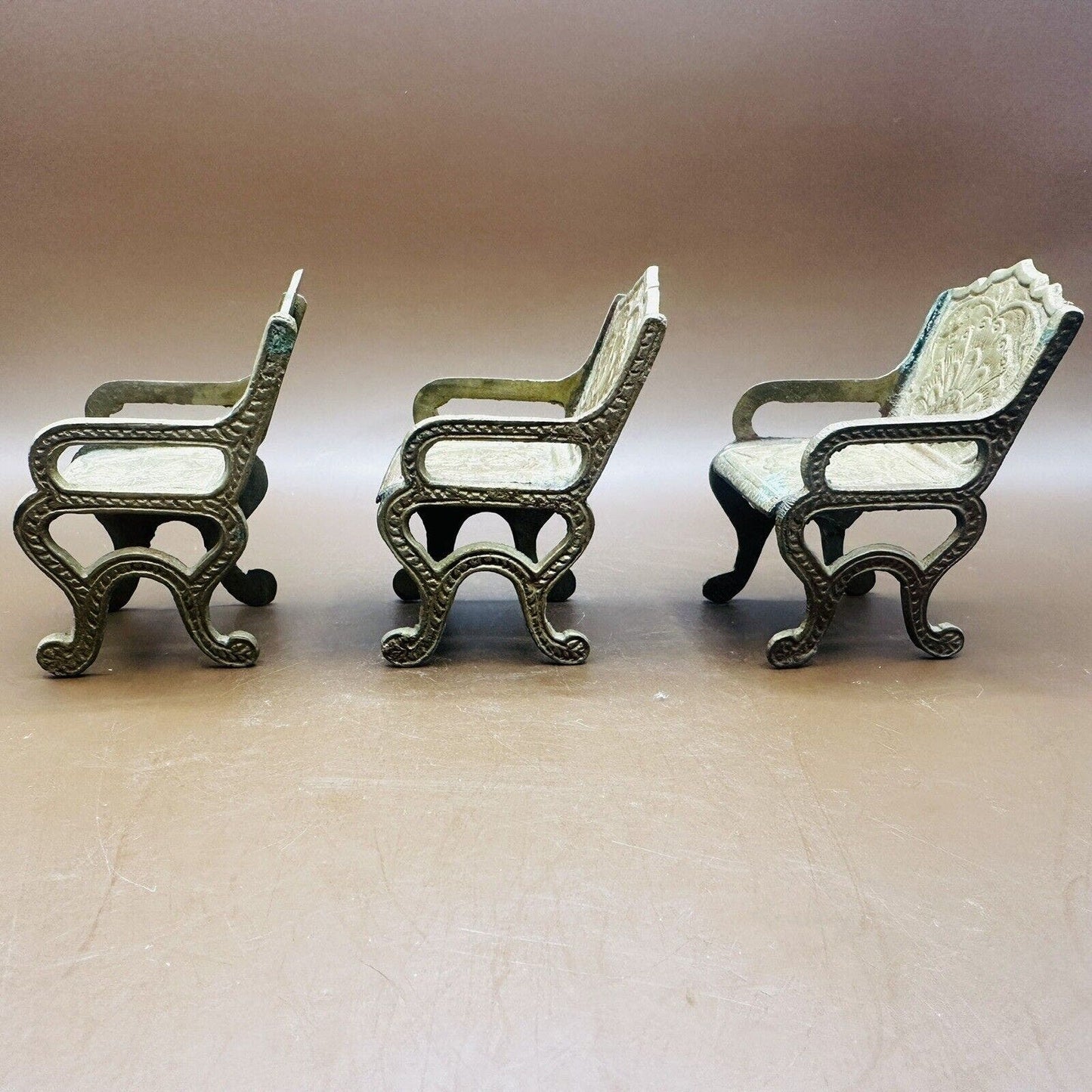 3~ Vintage BRASS Arm CHAIRS *Doll FURNITURE *Decorative Scroll Back