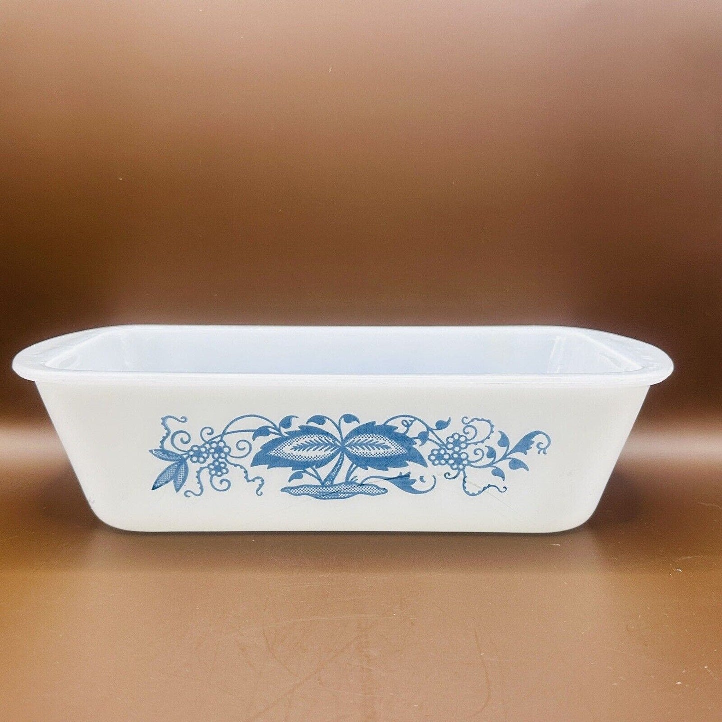 Vintage Milk Glass GLASBAKE Blue Onion Pattern 1.5 Qt Loaf Pan Baking Dish