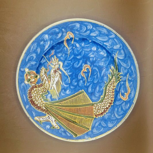 Vintage Handpainted Blue Dragon Raised Paint Plate 7.25" Decoration