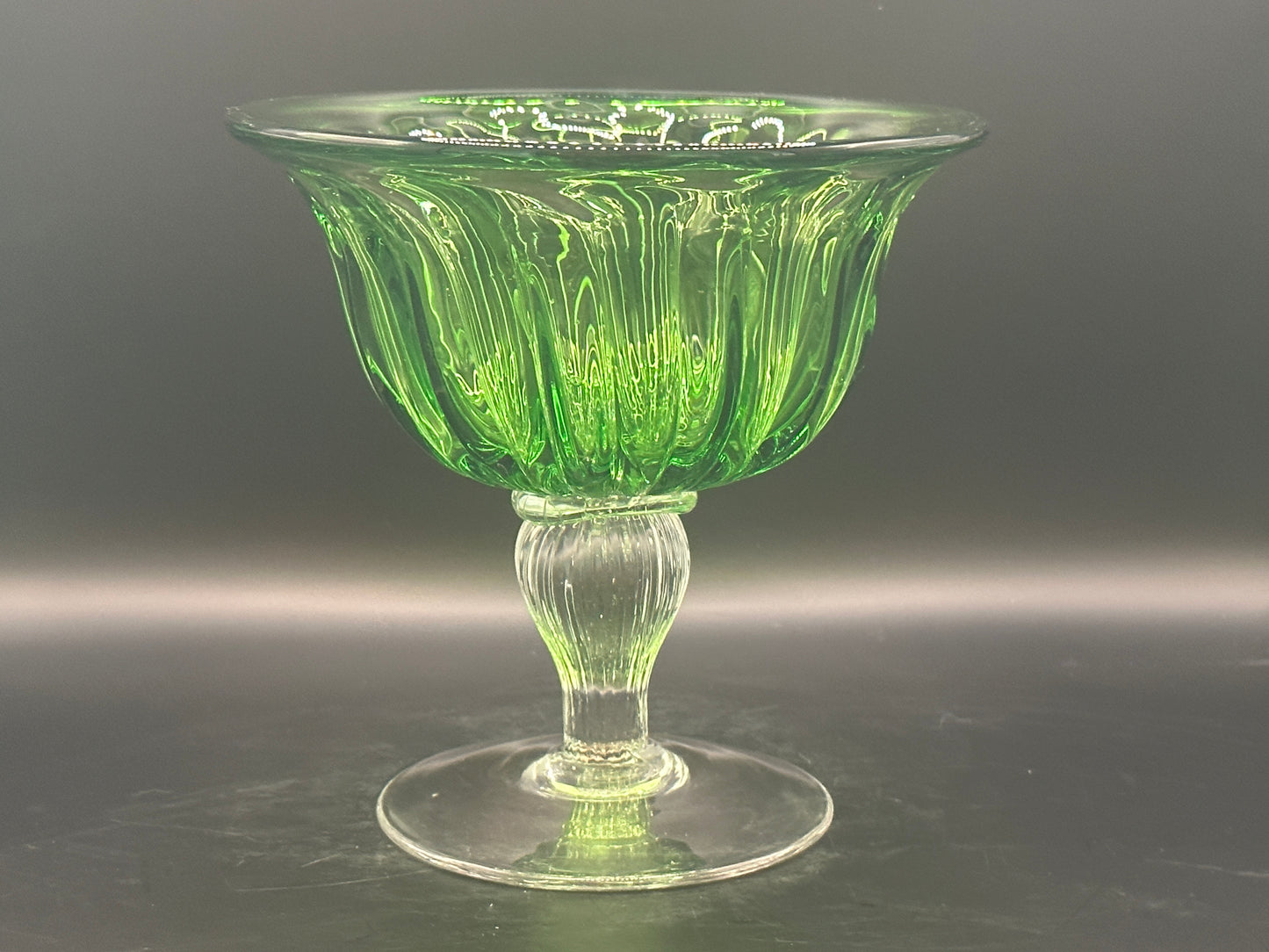 Handblown Art Glass Green Dish with Pedestal