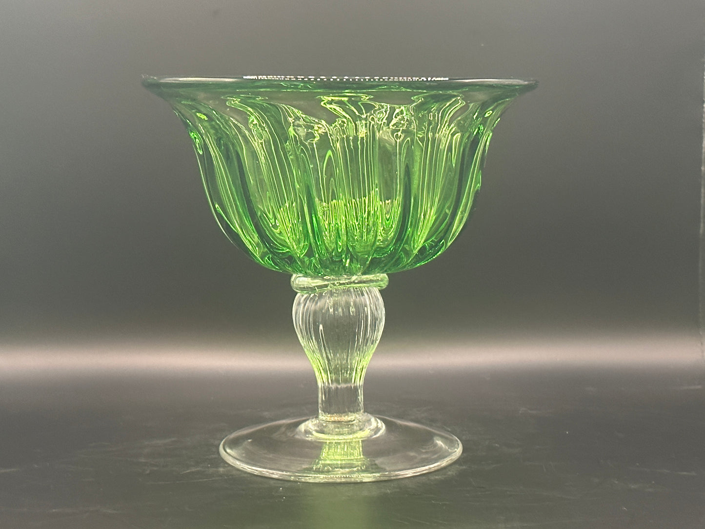 Handblown Art Glass Green Dish with Pedestal