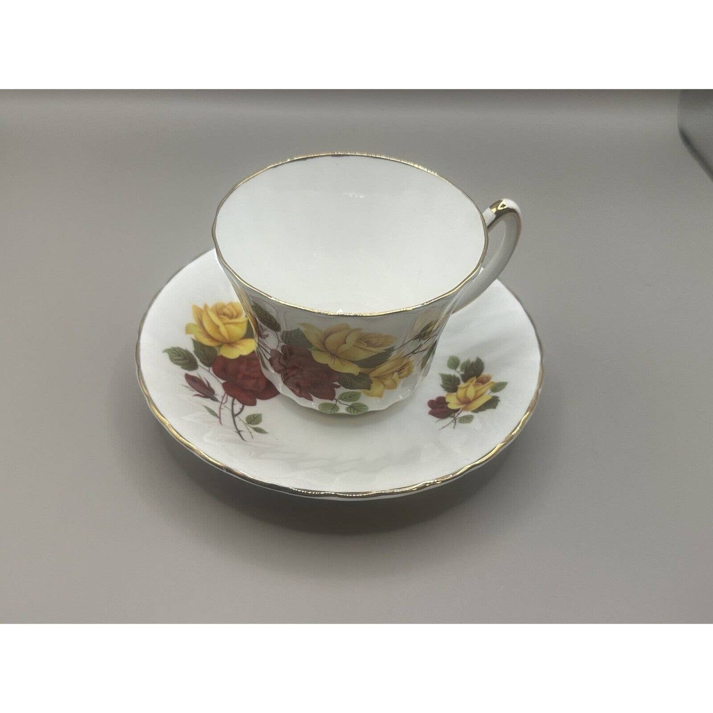 Vintage Bone China Tea Cup & Saucer Red & Yellow Roses Floral Antique